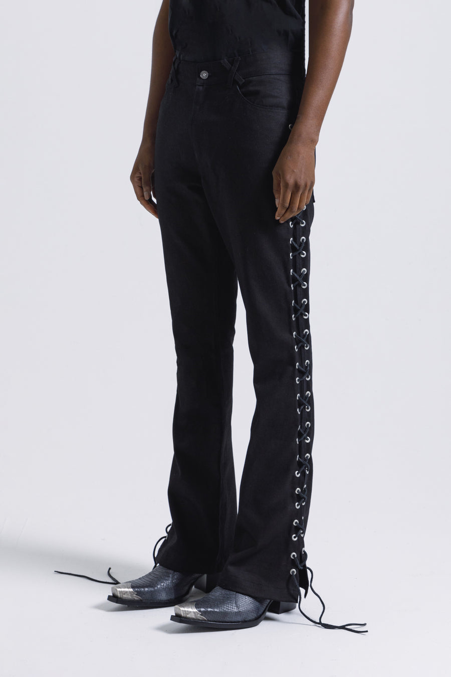 Black Lace-Up Flared Jeans