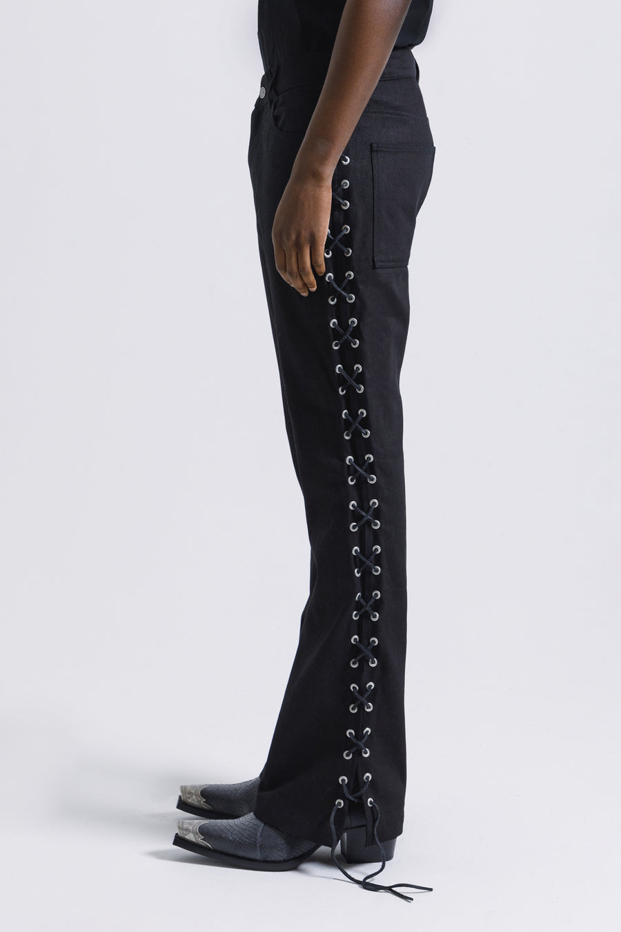 Black Lace-Up Flared Jeans